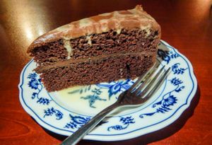 chocolate cake at Trumpet Blossom Cafe in Iowa City
