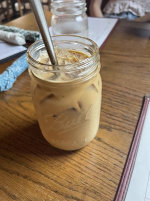 Iced coffee with oat milk at Trumpet Blossom Cafe in Iowa City