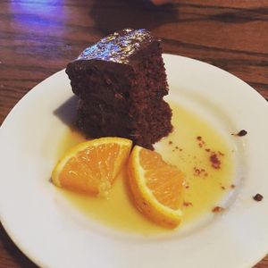 Was too excited - chocolate cake with mint ganache and orange ginger sauce at Trumpet Blossom Cafe in Iowa City