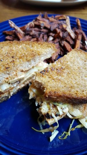 Vegan Rueben and sweet potato fries  at Trumpet Blossom Cafe in Iowa City