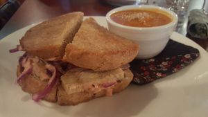 Tempeh Reuben w/carrot ginger bisque at Trumpet Blossom Cafe in Iowa City