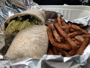 Rachel Wrap (carry out) with sweet potato fries! at Trumpet Blossom Cafe in Iowa City