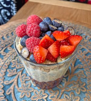 Chia pudding.
Creamy chia pudding, topped with crunchy granola and a colorful mix of fresh berries. at Dervish in Berlin