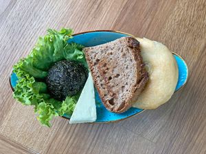 Black "caviar".
Faux black caviar made with chia seeds nori seaweed and soy sauce. Served with vegan butter and bread. at Dervish in Berlin