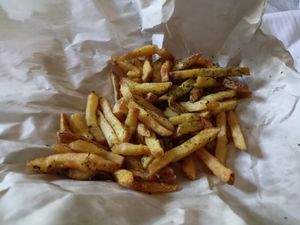 Skin-on fries 🤤 at Boom Tingz Burgerz in Great Torrington