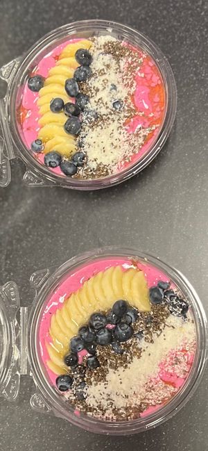 Pitaya Smoothie Bowl. Dragonfruit mixed with protein and fruit, topped with blueberries, banana, chia seeds and agave! at Kiwi Juice Bar in Chandler