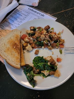 This was my entire meal after they took the potatos out and added vegan sausage. Super lame of them to charge $15+ for this at Cathedral Cafe in Fayetteville