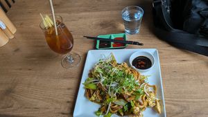 Udon Noodles and Ginger Iced Tea. at Sen Việt Vegan Restaurant in Helsinki