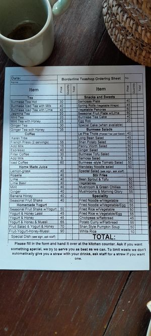 Borderline menu makes it easy to order at Borderline in Mae Sot