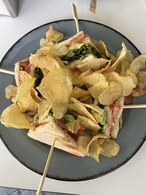 Vegetarian sandwich made vegan with avocado, tomato, rocket and caramelized onion   at Boulan in Estoril