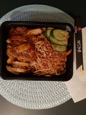 Seitan duck with pasta and vegetables at VEGE Kitchen in Warsaw