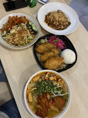 Pad Thai, Seitan with glass noodles, crispy dill and seaweed seitan, udon soup with seitan and tofu  at VEGE Kitchen in Warsaw