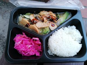 Crispy seitan with vegetables and rice at VEGE Kitchen in Warsaw