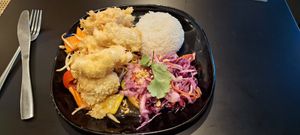 Crispy vegab shrimps in sweet and sour sauce with vegetables at VEGE Kitchen in Warsaw