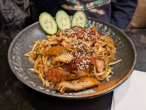 Seitan duck with noodles at VEGE Kitchen in Warsaw