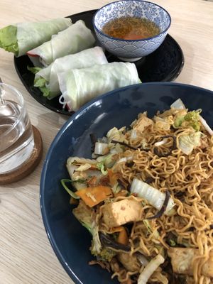Summer rolls and fried noodles with veggies at VEGE Kitchen in Warsaw