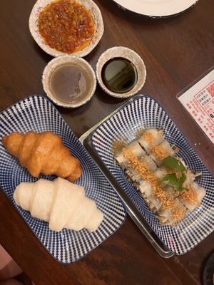 Rolled rice noodle with braised shiitake and duo mantou  at Lhong Khao in Phuket