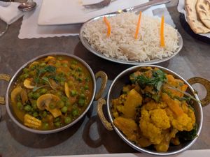 Mushroom Matar, Aloo Gobi, Basmati Rice at Royal Indian Cuisine on Fillmore in San Francisco