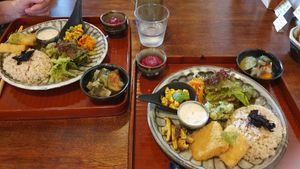 Lunch menu: rice, different vegetable dishes, vegan Karage and sauces at Mokumoku in Kyoto