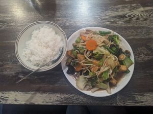 Stir fry mixed veggies with tofu, and jasmine rice at Moo Dang in Reno