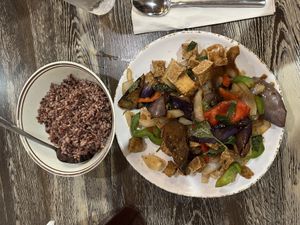 Eggplant with brown rice. (Eggplant had too much onion)   at Moo Dang in Reno