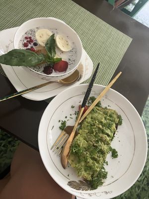 Coconut milk quinoa porridge and avocado toast.  at Sweet Secret in Nha Trang