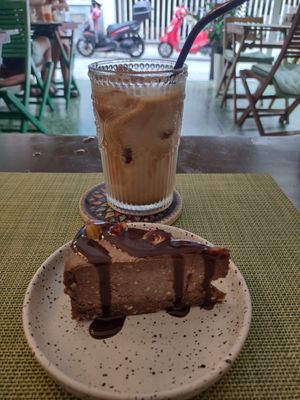 Hazelnut brownie raw cake. Walnut milk latte at Sweet Secret in Nha Trang