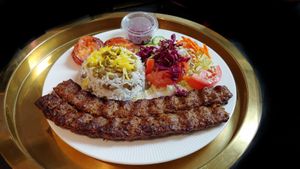 Vegan Koobideh Kebab with Adas Polow & Garden Salad at Celeshmet in Vancouver