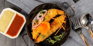 Lehriya Mirch.
Long chillies stuffed with potatoes.
Vegan at The Klay Oven Restaurant in Teneriffe