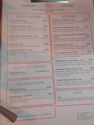 Menu for dinner (lunch doesn't include burgers) at Ginger & Gray's Cafe and Diner in Munich