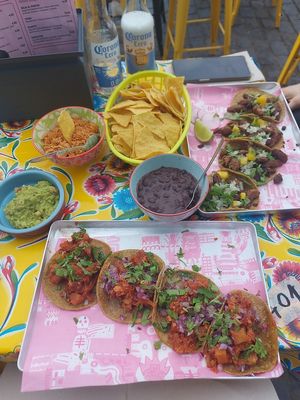 tacos, mexican rice, beans, chips and guac at Los Carnales in Cologne
