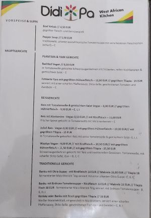 Menu at DIDI PA - West African Kitchen in Berlin