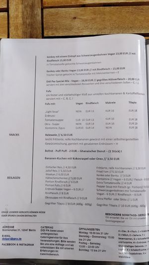 Menu at DIDI PA - West African Kitchen in Berlin