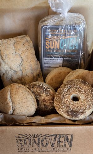 Vegan gluten-free bread items (photo from their monthly subscription box)  at SunOven Gluten Free Bakery in Ojai