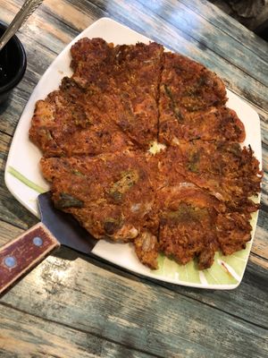 Kimchi vegan pancakes   at Jang Dok Dae in Flushing