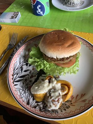 Burger (vegetarian side — cheese is optional)  at Bumi Cocina - Yerbateria in Salento