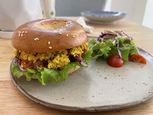 Scrambled tofu bagel, $4.25  at The Village Bakery and Cafe in Siem Reap