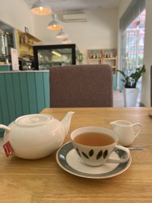 Almond milk and English breakfast tea   at The Village Bakery and Cafe in Siem Reap