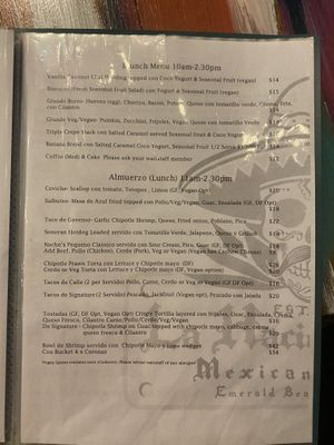 Part of the menu  at La Hacienda 101 in Emerald Beach