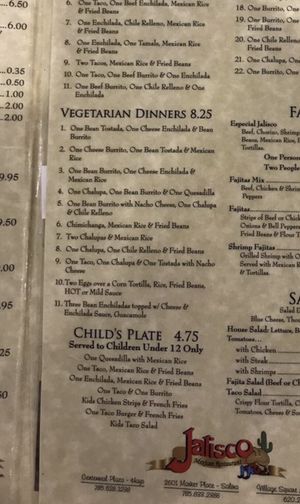 Vegetarian menu features entrées that can be customized to be vegan.  at Jalisco Mexican Restaurant in Salina