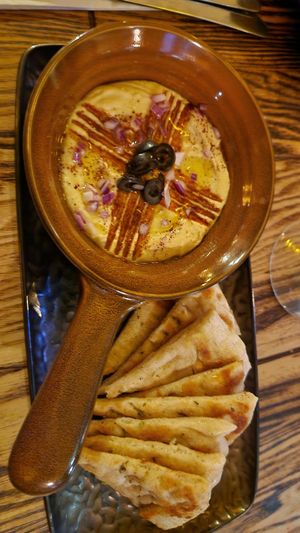 Humous and pitta bread at Ethos at The Monro in Liverpool