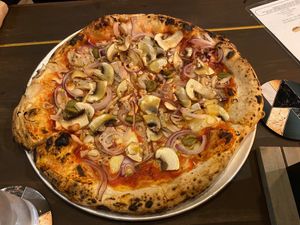 Jackhammer pizza with onions and green olives  at Tegridy Foods in Redcar