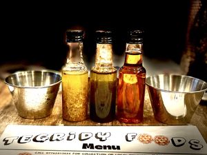 3 oils with cups to dip your pizza crust into. Delicious   #Veganuary at Tegridy Foods in Redcar