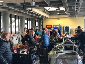 Farmers market is pretty small, but bustling at lunch hour at Parnassus Farmers' Market in San Francisco