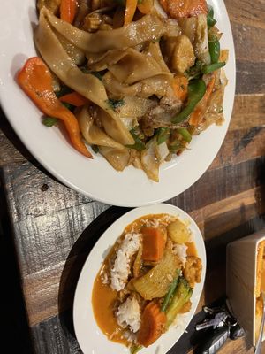 The drunken noodles were spot on and fabulous.   Portions were huge.  That’s less than half the masseman curry.   Highly recommend.    at District Thai Restaurant in York