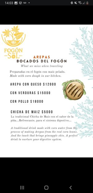 Menu at FOGÓN DEL SOL - Cocina De Raiz in Minca