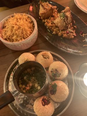 Golgappa Tuchka, lemon rice and samosas   at Rickshaw & Co in Glasgow