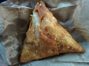 vegan fried samosa stuffed with spiced potatoes at 25th Avenue Farmers' Market in San Mateo
