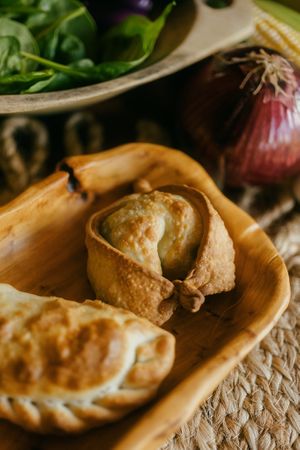 VEGAN AND VEGETARIAN EMPANADAS, CORN, SPINACH, MEATLESS, EGGPLANT AND VEGETARIAN SPINACH TOO. at Dark & Light Cafe in Mount Dora