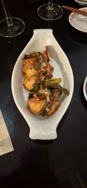 fried Gyoza with japanese mustard at  Vegan Place SHUWASHUWA PEACE - シュワシュワピース in Tokyo